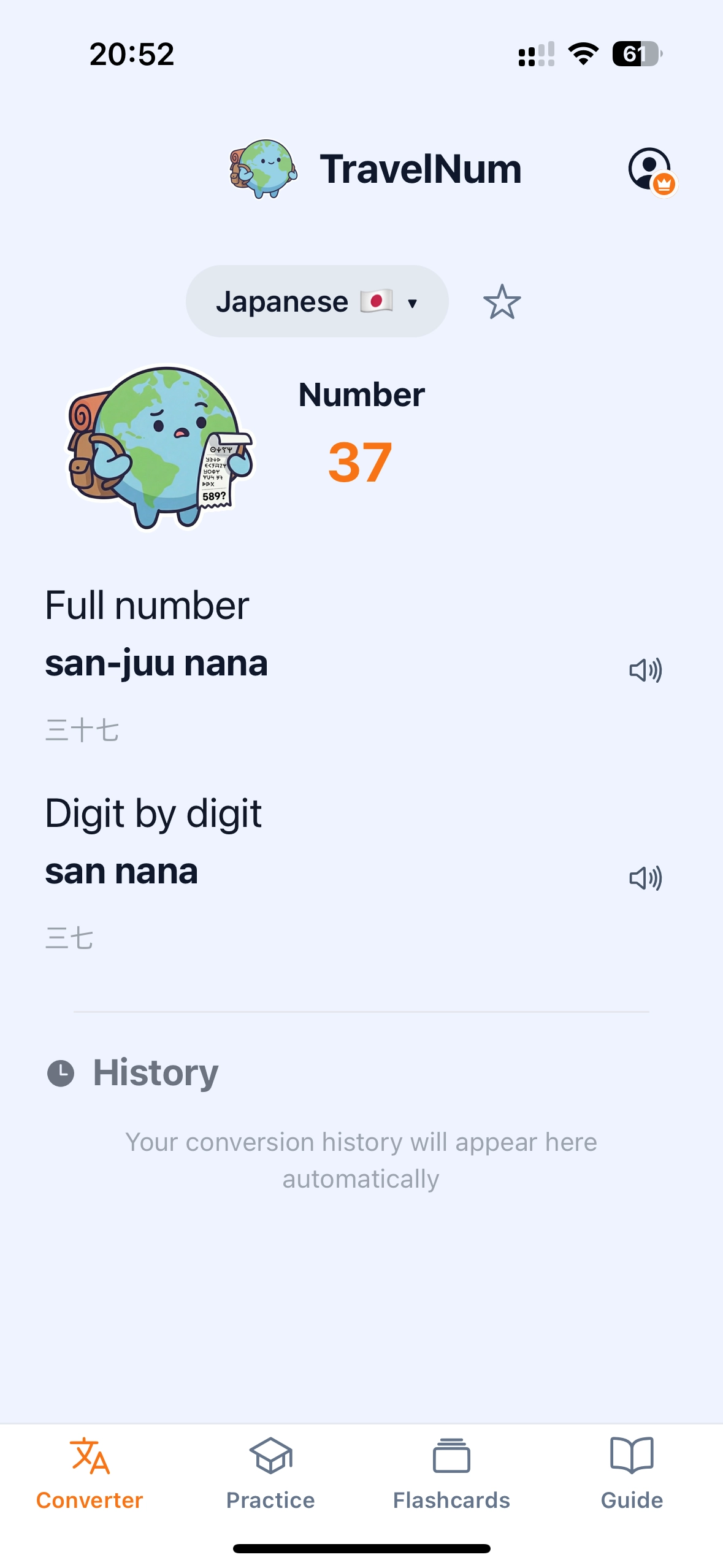 TravelNum language selection