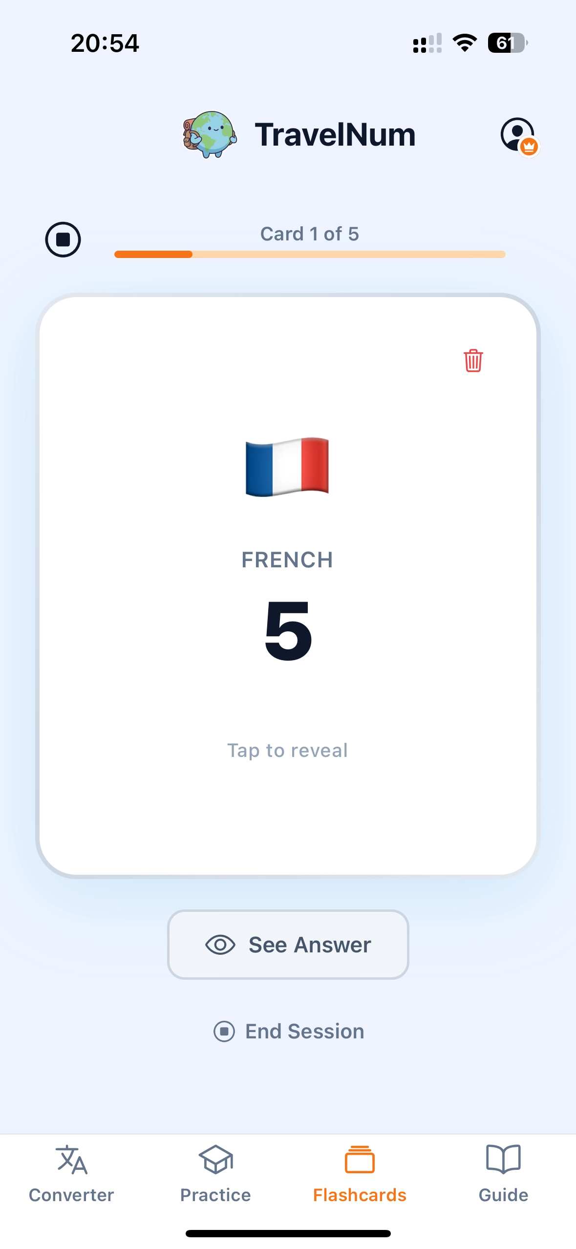 TravelNum flashcard for French numbers