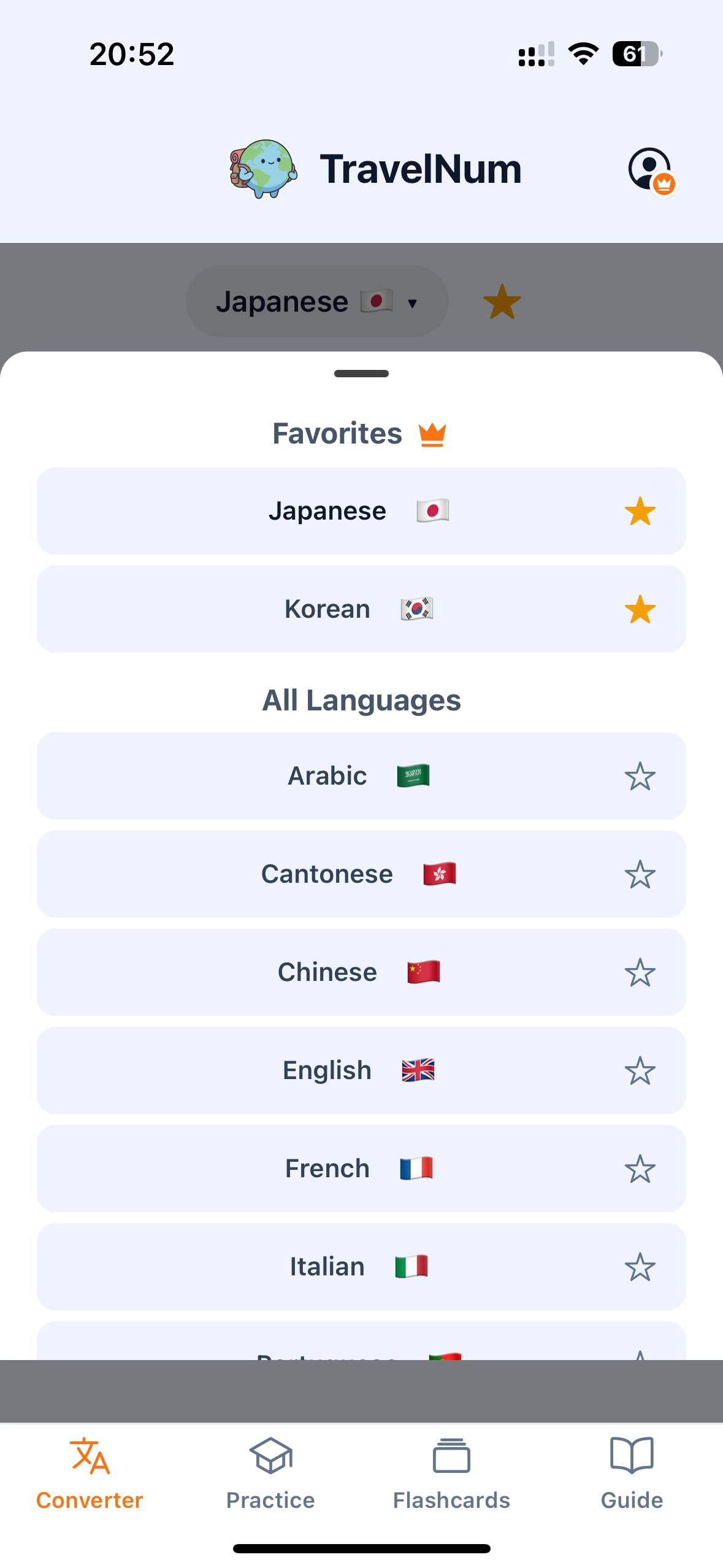 TravelNum language selection